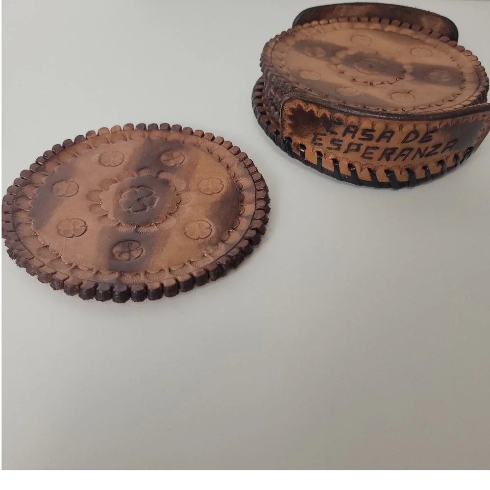 Casa De Esperanza Hand Tooled Leather Coaster Set 6 Piece Brown Floral Rustic